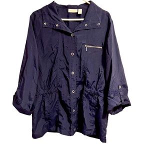Chico’s size 3 navy blue weekender stylish jacket/top w/snap buttons & pockets